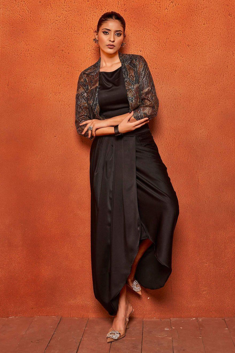 Black Leaf Print Dhoti Skirt Shrug Co-ord Set - Curvy Lane