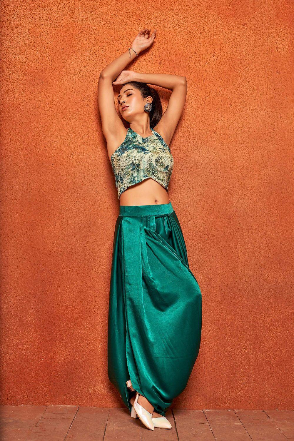 Turquoise Blue Sequin Crop Top & Drape Skirt Ensemble - Curvy Lane