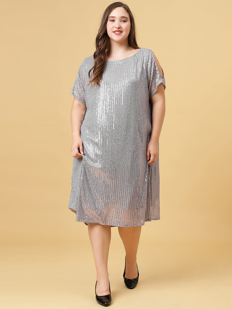 Grey Boat Neck Sequins Dress with Slit Sleeves