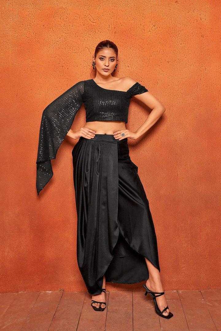 Jet Black Drape Skirt & Sequin Crop Top Co-ord Set - Curvy Lane