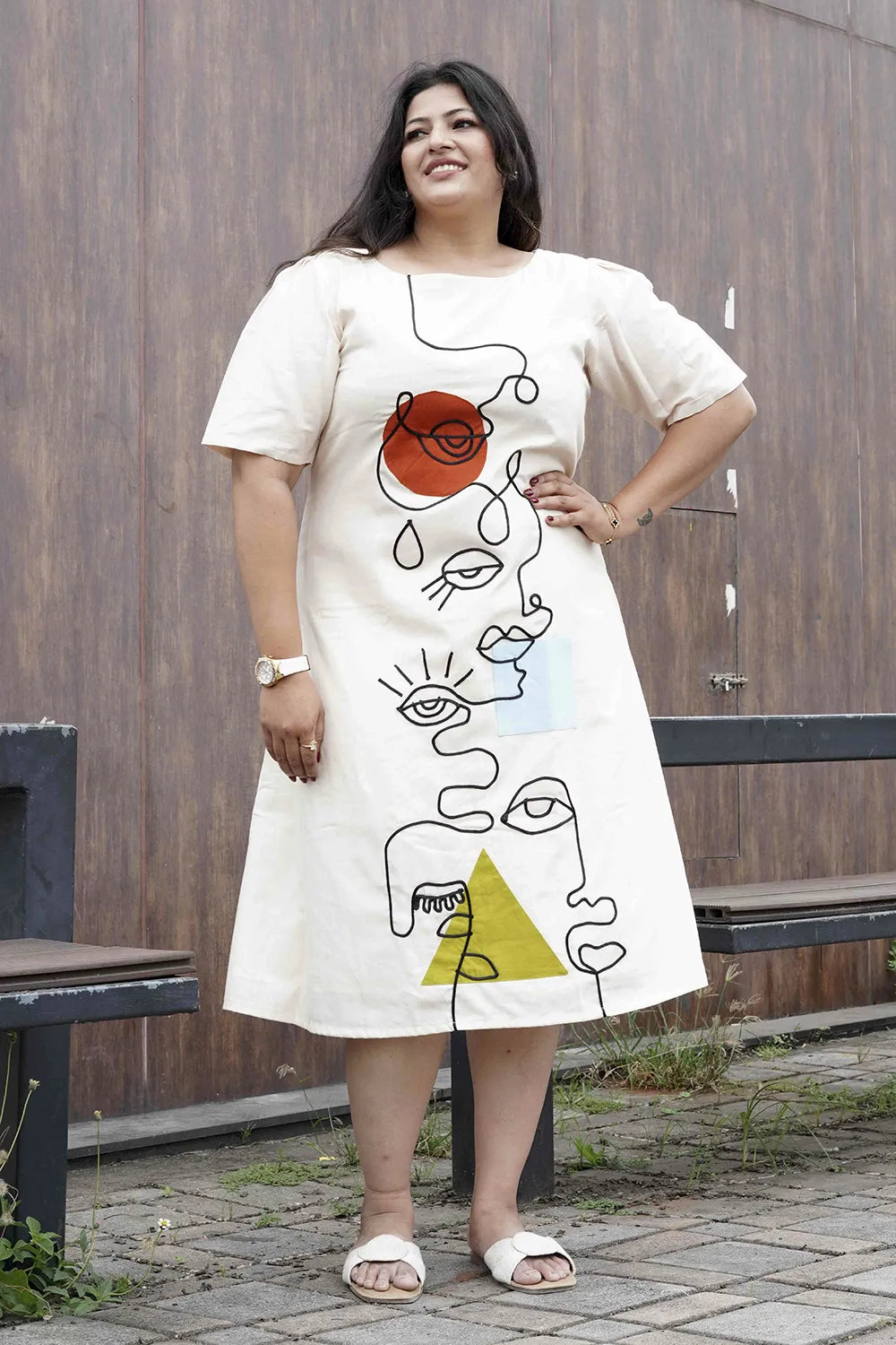 Off White Summer Dress With Cord Work
