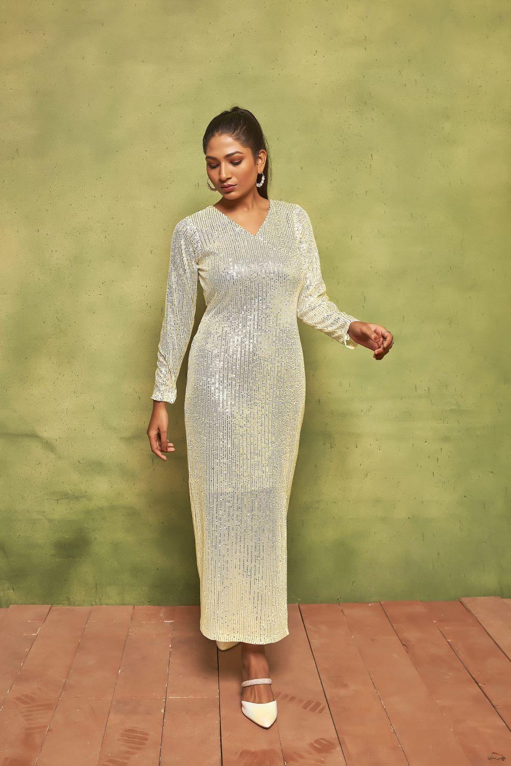 Pearl White Sequin Maxi Dress | V-Neck Long Sleeve Glamour - Curvy Lane