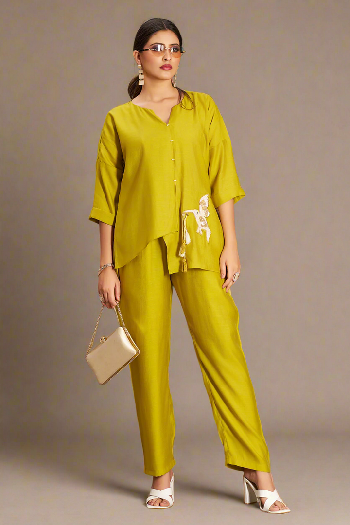 Atomic Yellow Asymmetric Silk Cotton Co-Ord Set