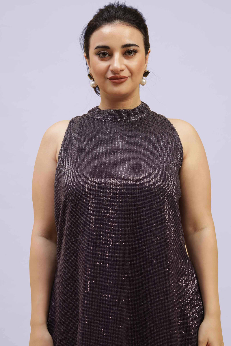 High Neck Embellished Sequined A-line Midi Dress Close Up 