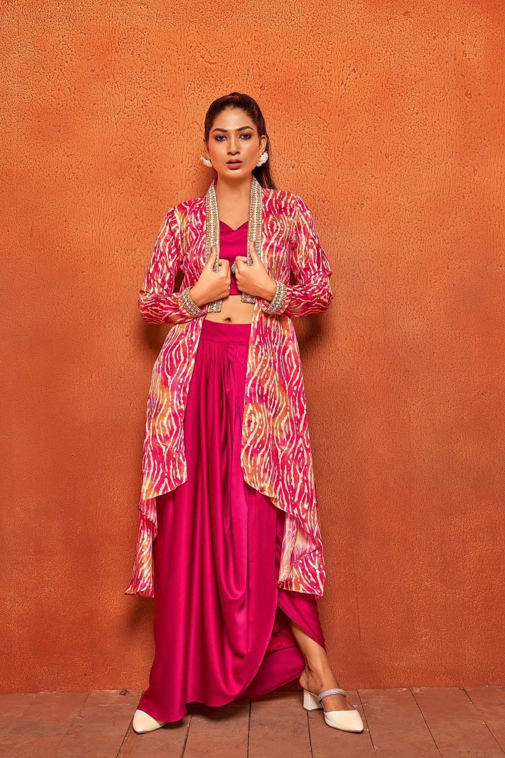 Jazzberry Pink Ethnic Print Dhoti Skirt Long Flared Shrug Co-ord Set - Curvy Lane