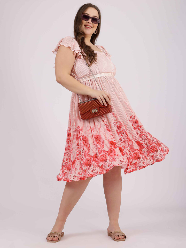 Baby Pink Floral Print Fit and Flare Dress with Puff Sleeves