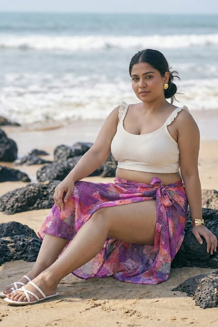 Floral pink sarong wrap skirt with an off-white crop top