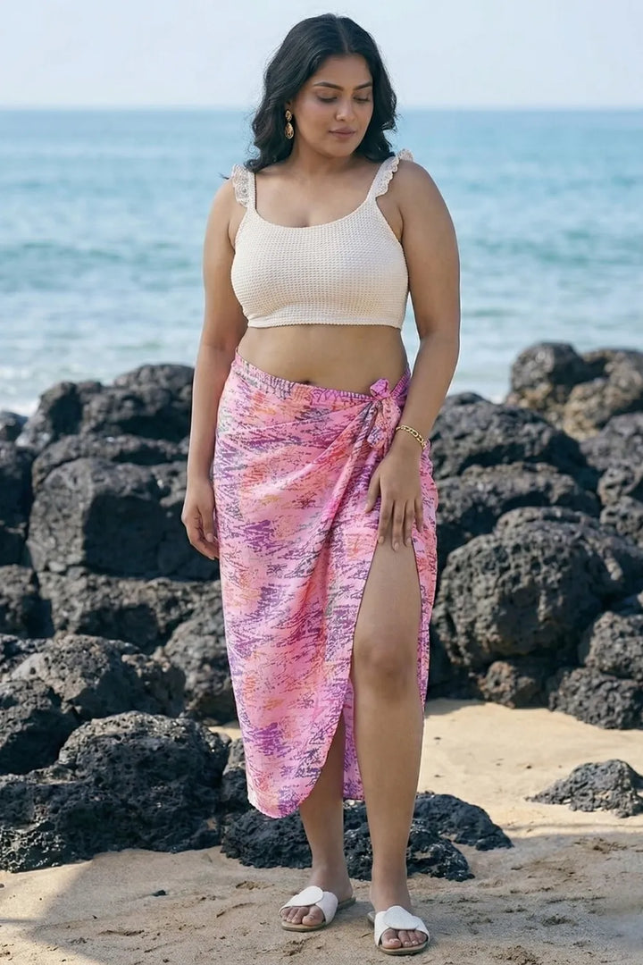 Pretty pink bikini coverup sarong with an off-white top