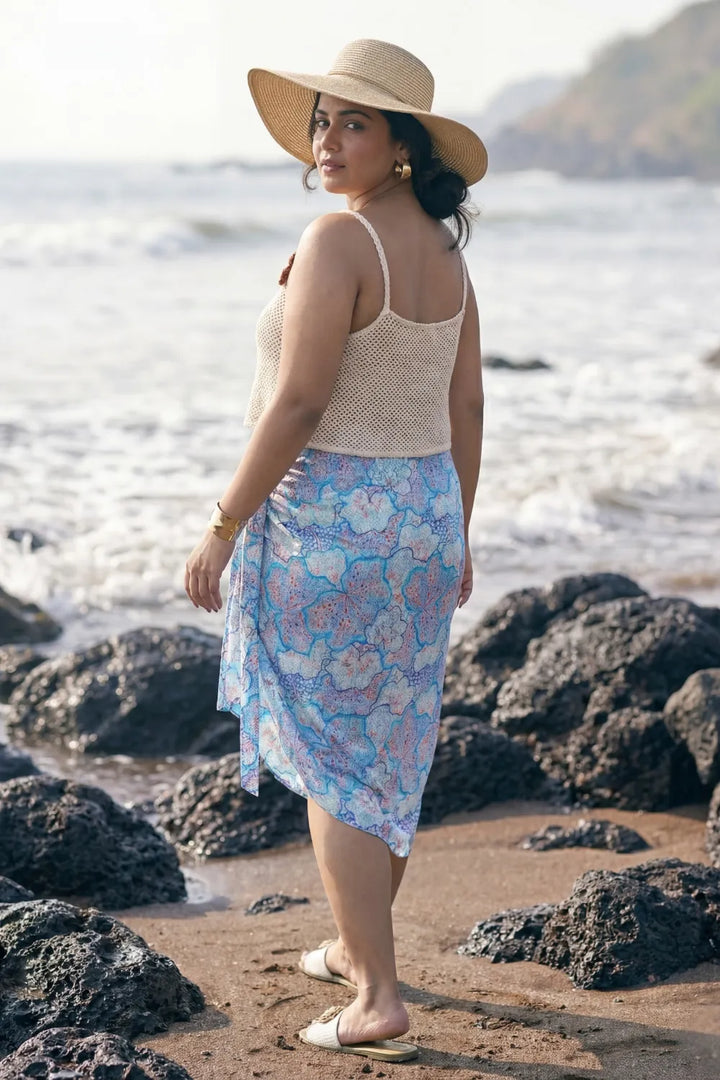 Stunning sky blue bikini scarf with off-white spaghetti crop top