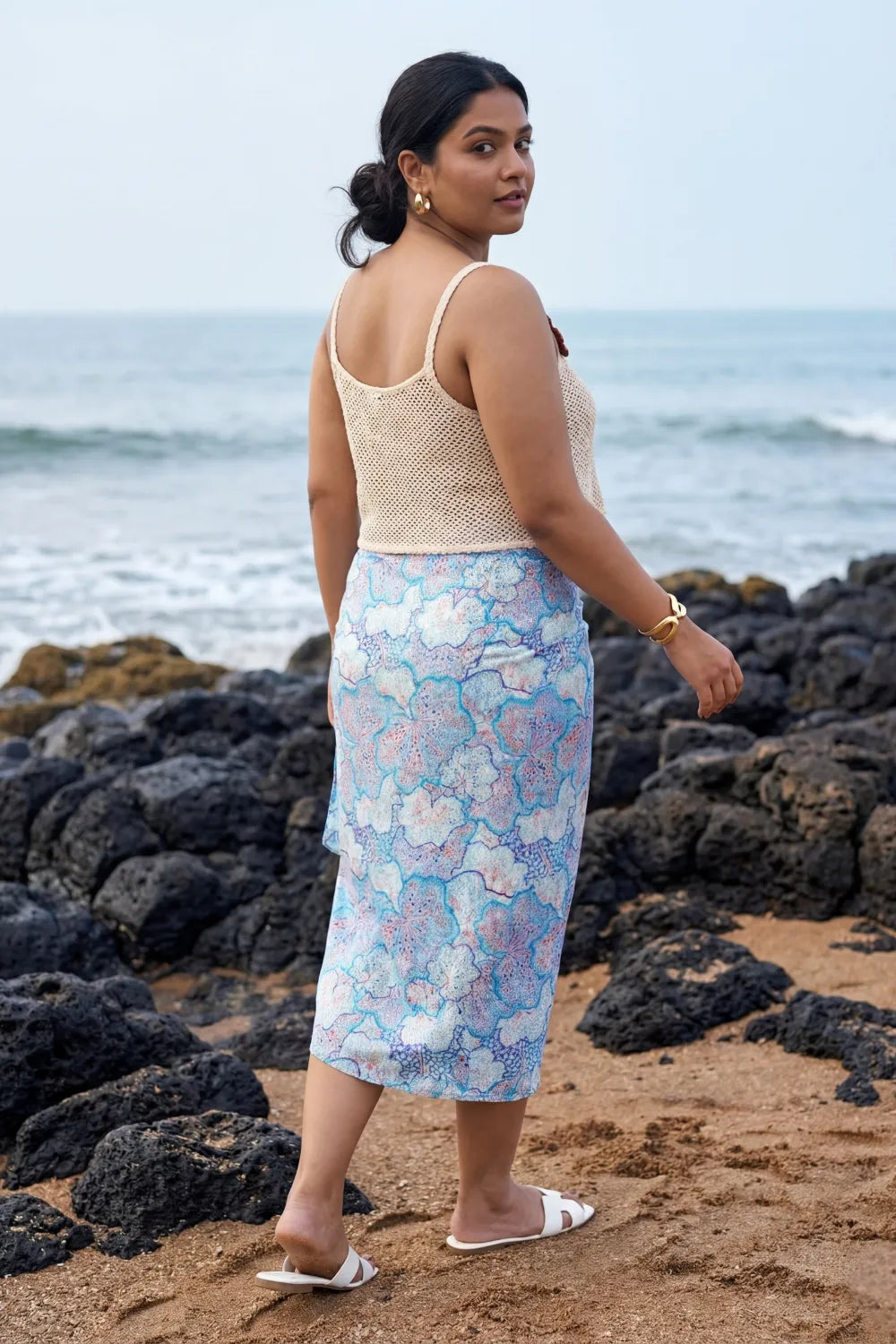 Stunning sky blue bikini scarf with off-white spaghetti crop top