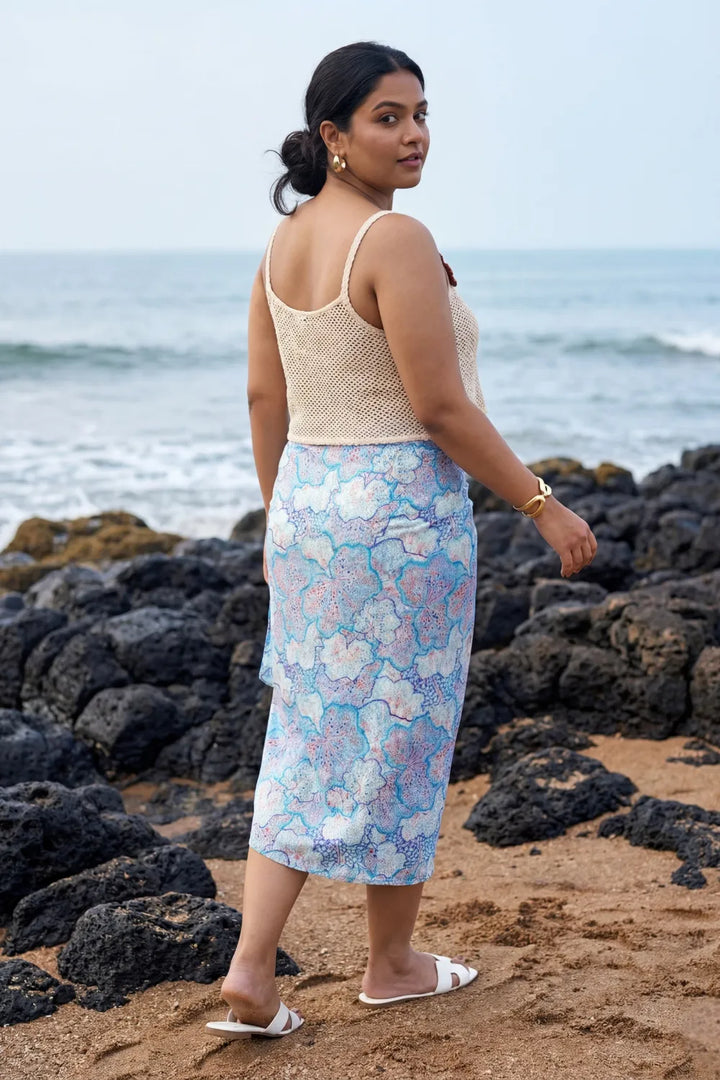 Stunning sky blue bikini scarf with off-white spaghetti crop top