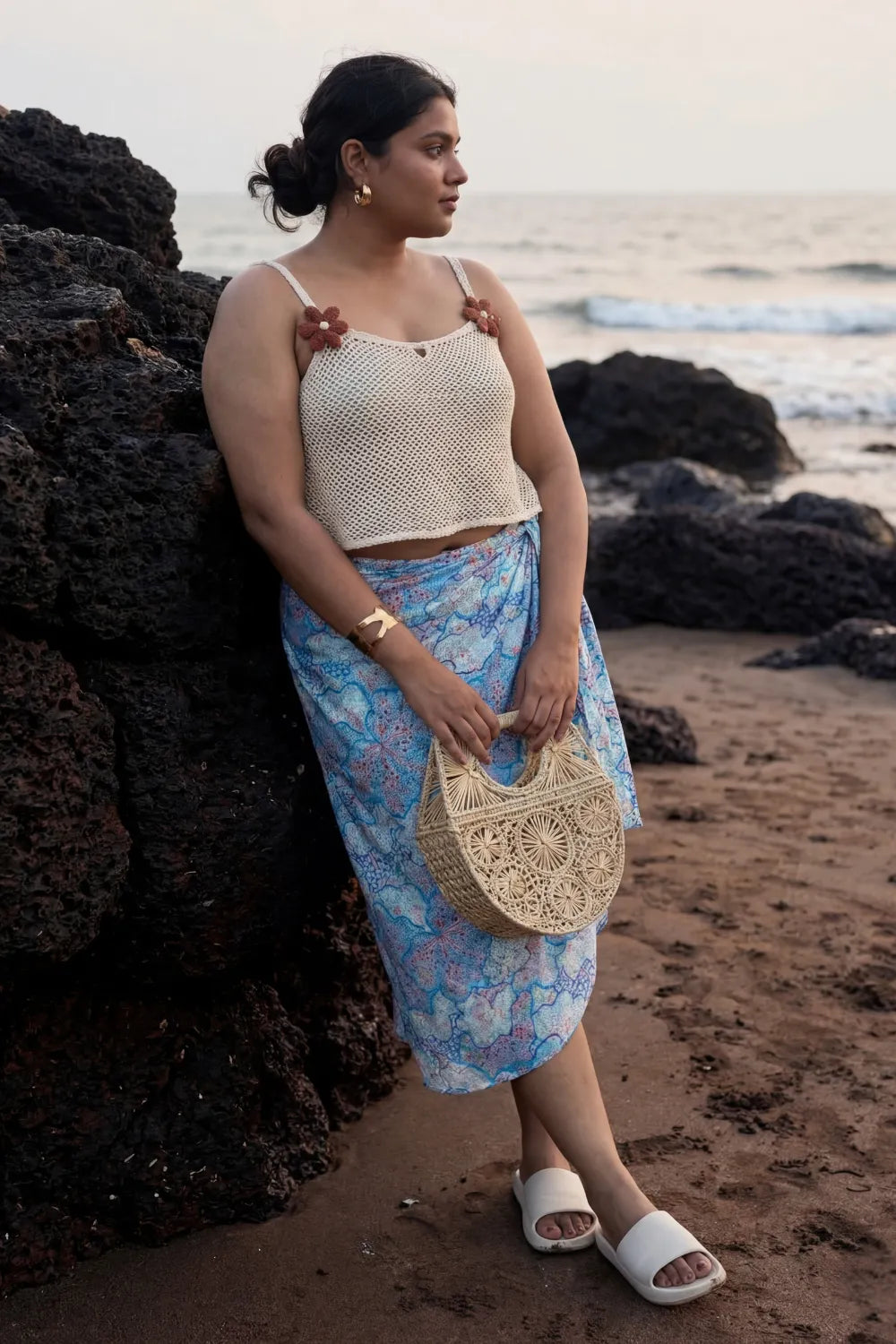 Stunning sky blue bikini scarf with off-white spaghetti crop top
