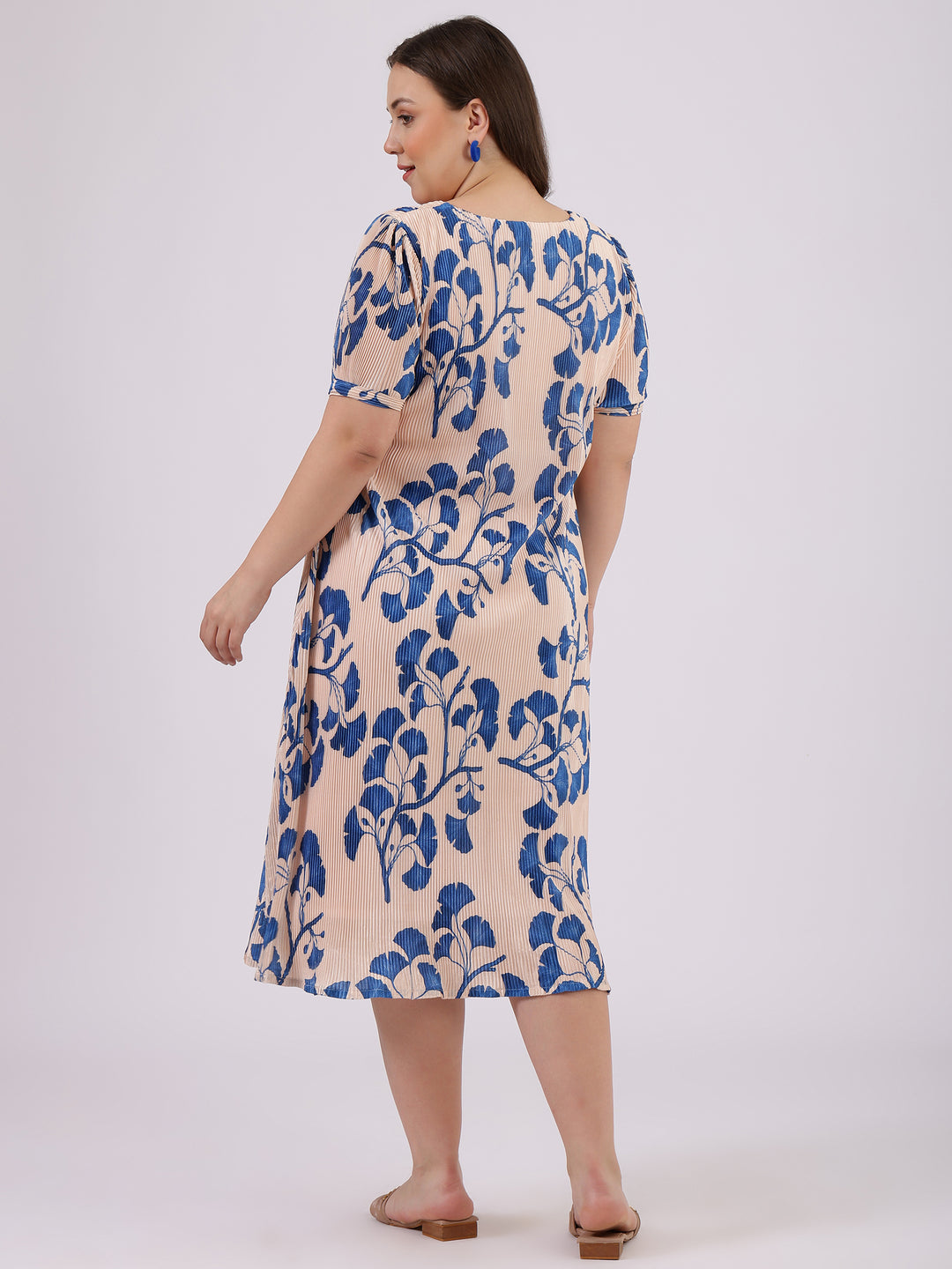 Beige Palmette Print Puff Sleeve Dress