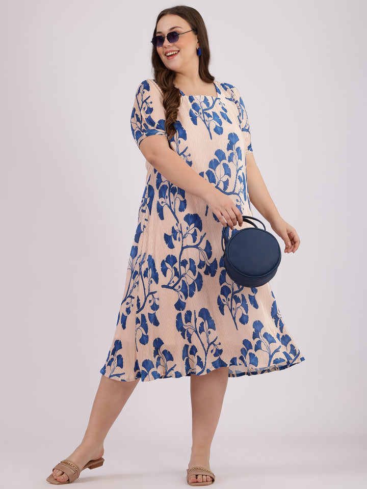 Beige Palmette Print Puff Sleeve Dress