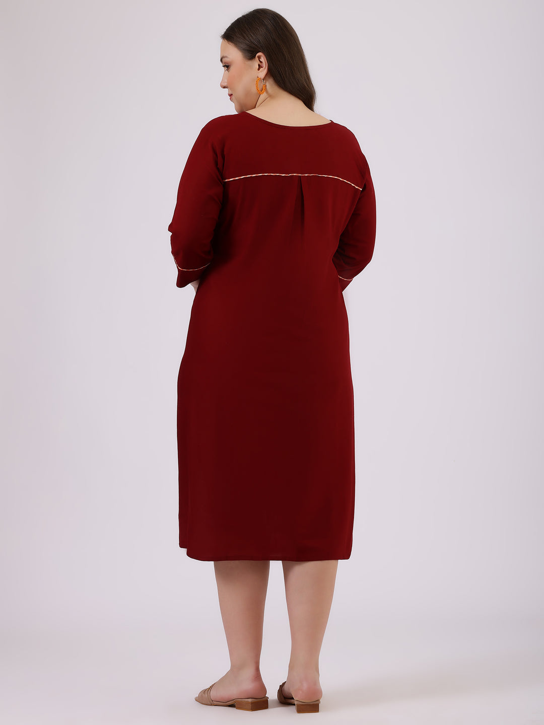 Maroon Cotton Round Neck A-line Dress