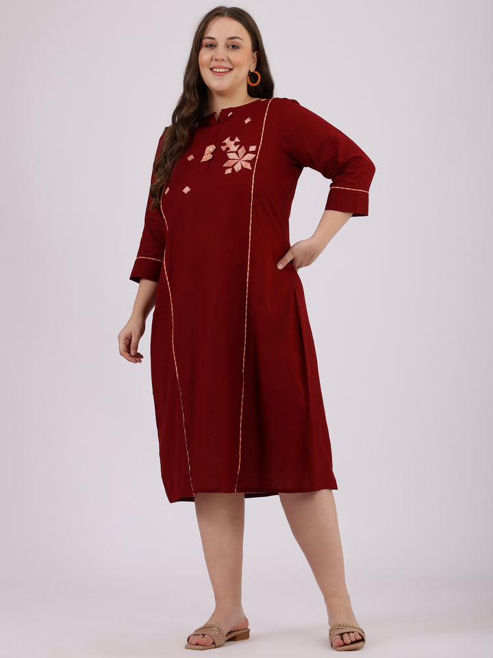 Maroon Cotton Round Neck A-line Dress