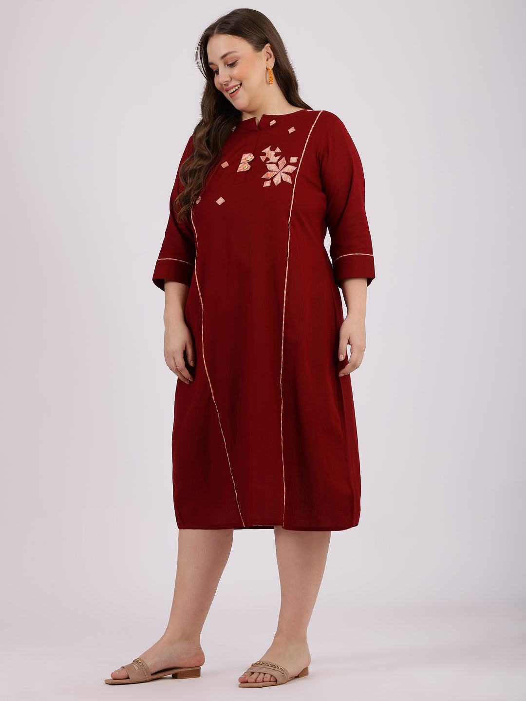 Maroon Cotton Round Neck A-line Dress