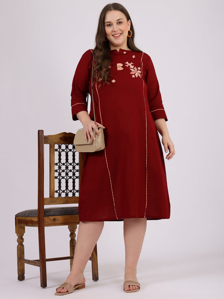 Maroon Cotton Round Neck A-line Dress