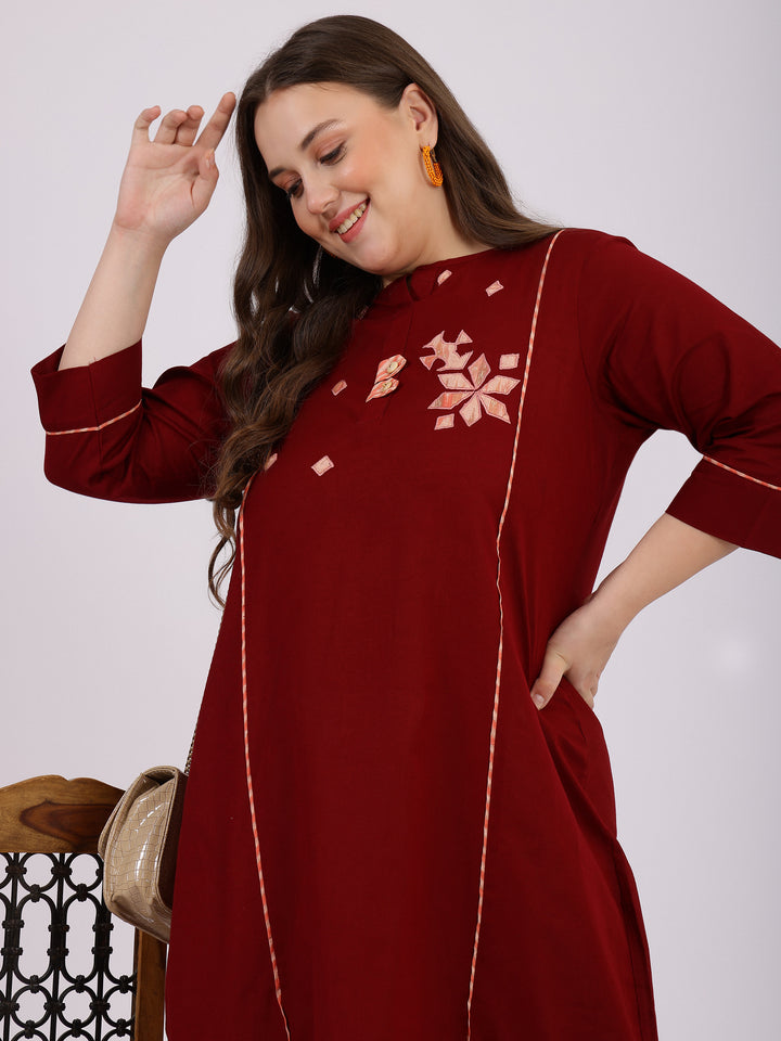 Maroon Cotton Round Neck A-line Dress