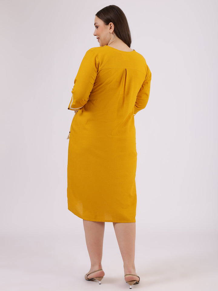 Embroidered Yellow Cotton A-Line Dress