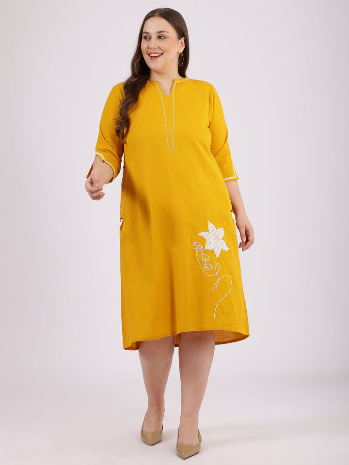 Embroidered Yellow Cotton A-Line Dress