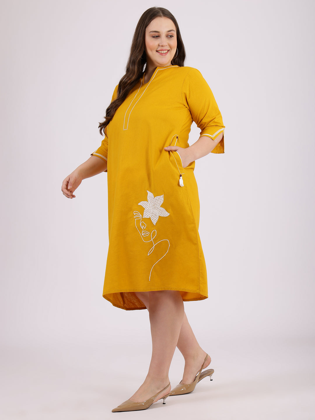 Embroidered Yellow Cotton A-Line Dress