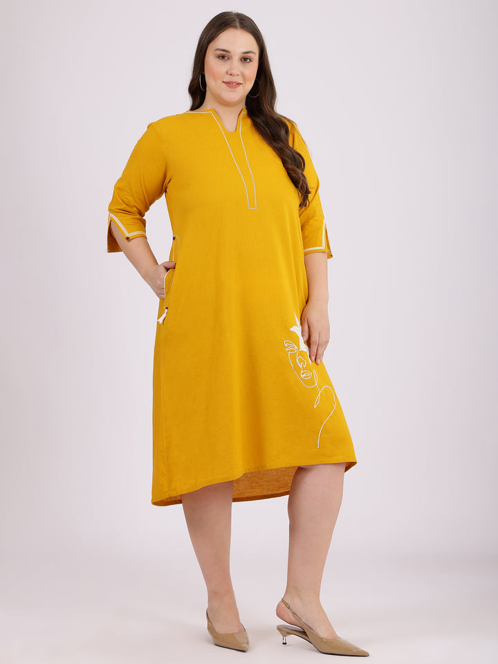 Embroidered Yellow Cotton A-Line Dress