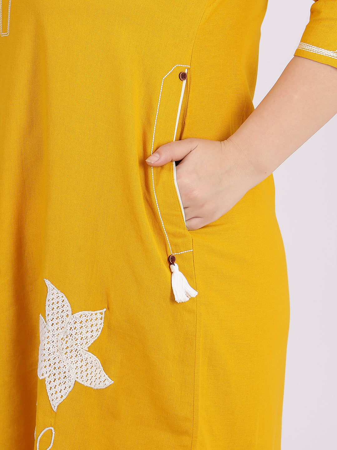 Embroidered Yellow Cotton A-Line Dress