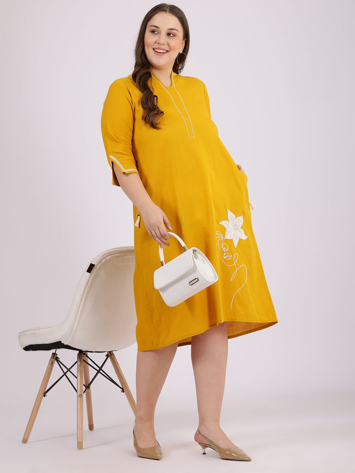 Embroidered Yellow Cotton A-Line Dress