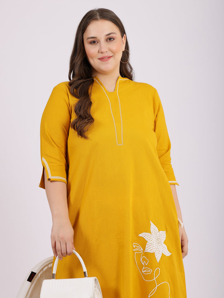 Embroidered Yellow Cotton A-Line Dress