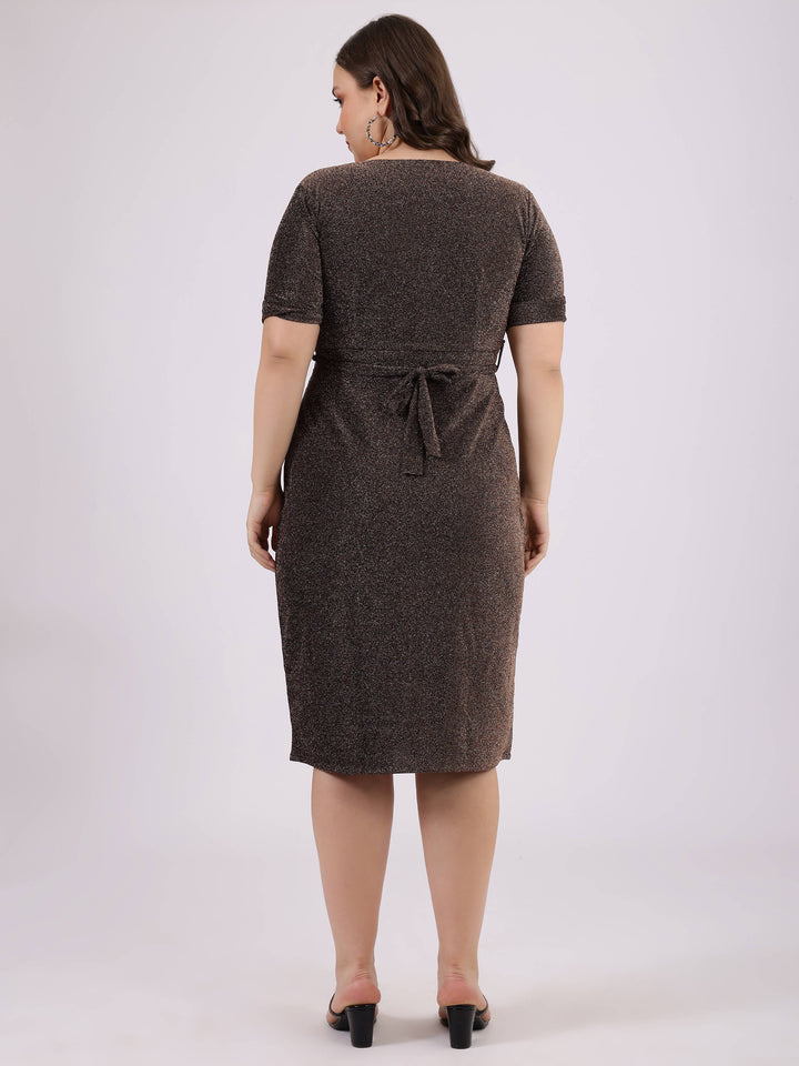 Brown Calf-Length Dress with Drape Neck