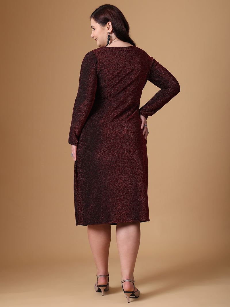 Maroon Pleated Long Sleeve Body Cone Dress