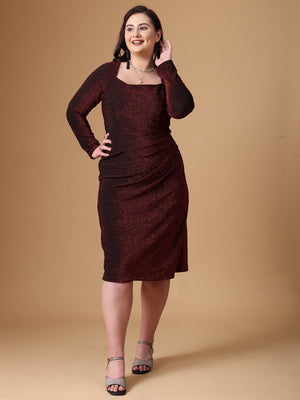 Maroon Pleated Long Sleeve Body Cone Dress