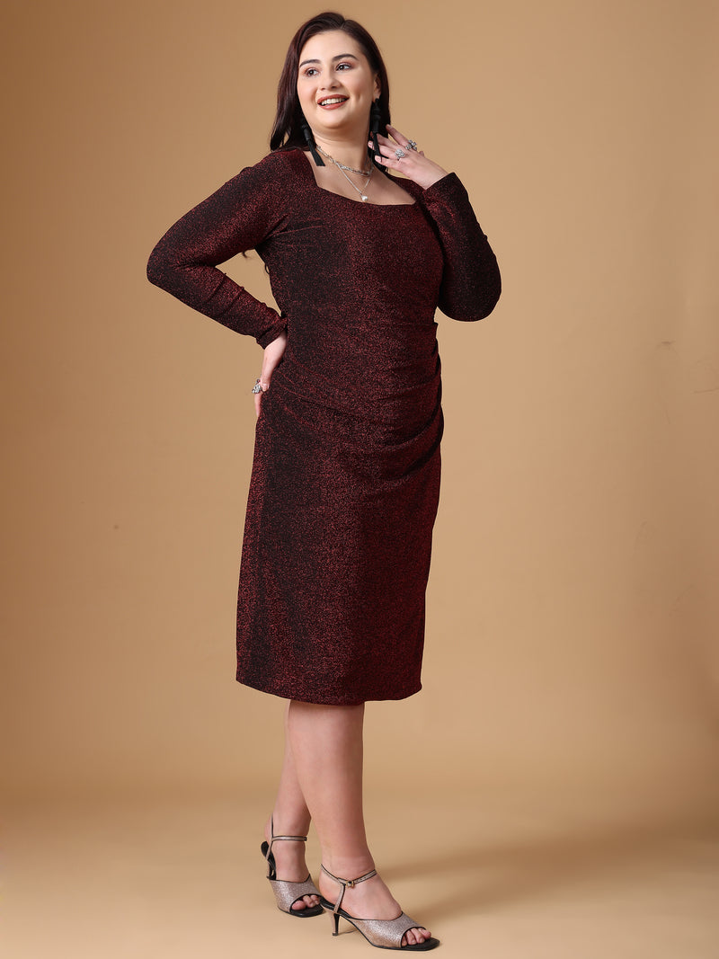 Maroon Pleated Long Sleeve Body Cone Dress