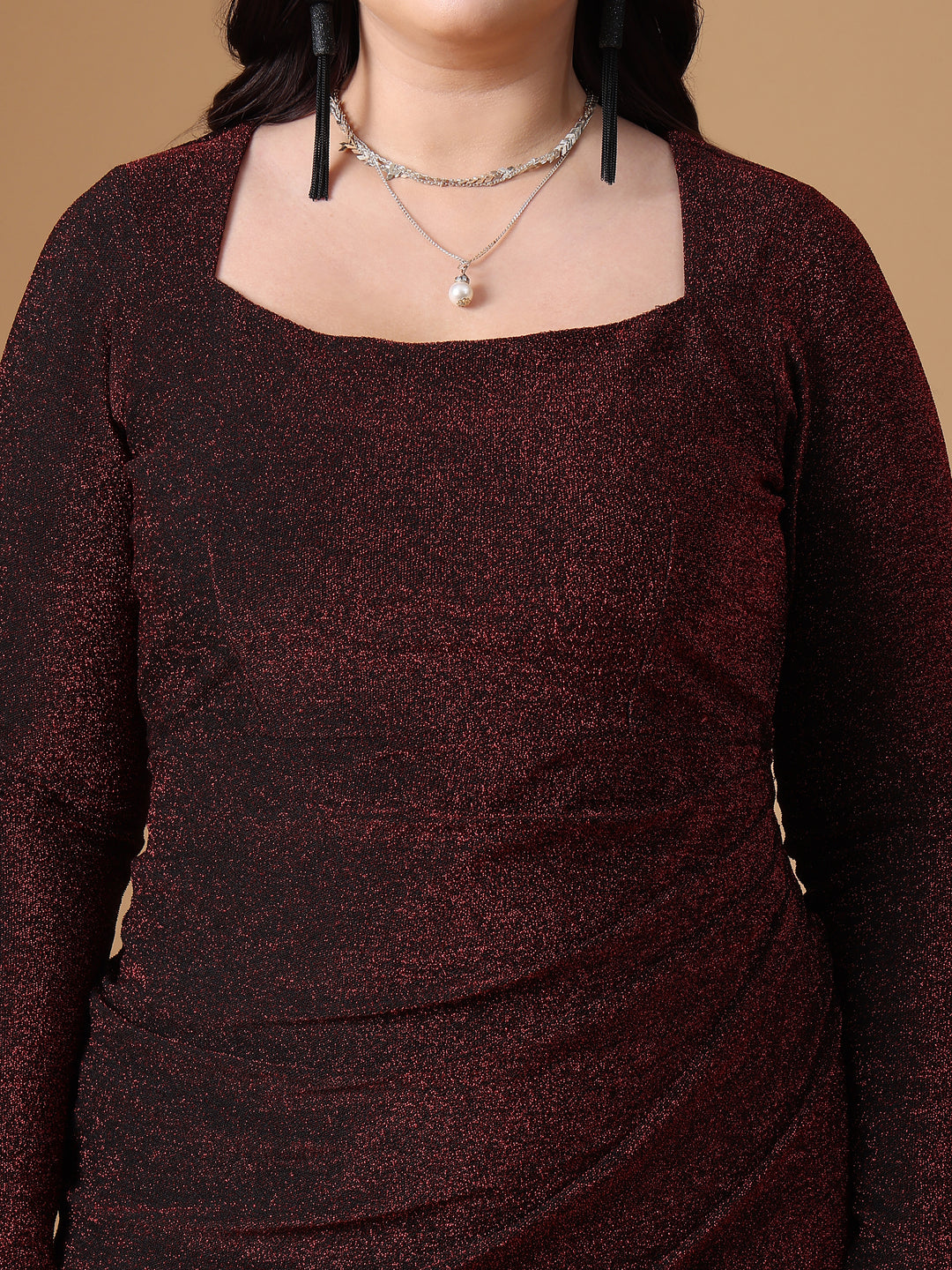 Maroon Pleated Long Sleeve Body Cone Dress