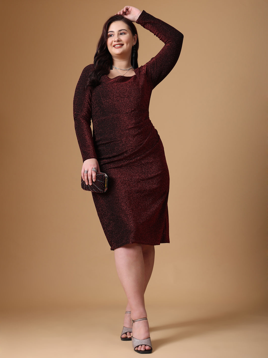 Maroon Pleated Long Sleeve Body Cone Dress