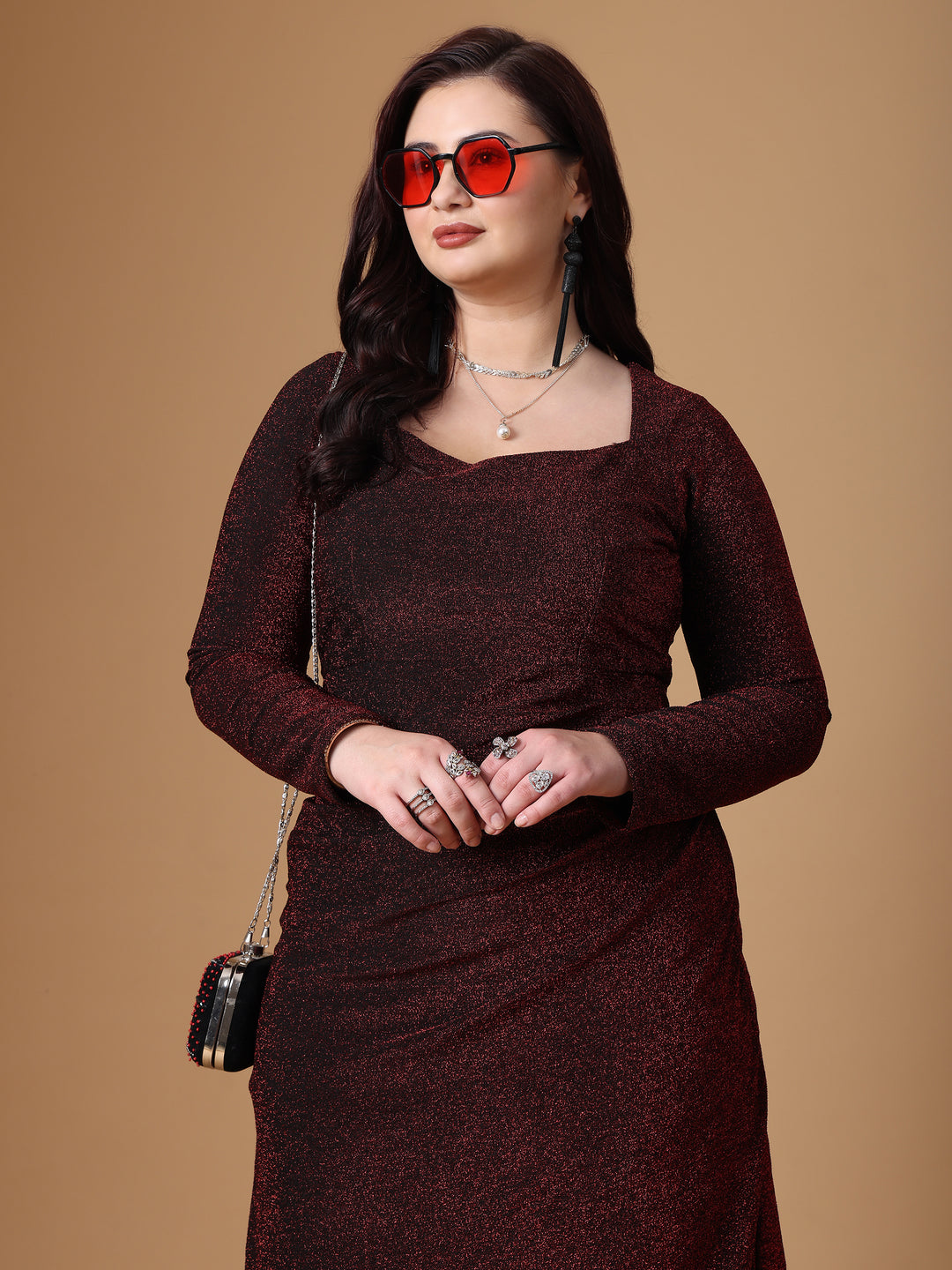 Maroon Pleated Long Sleeve Body Cone Dress