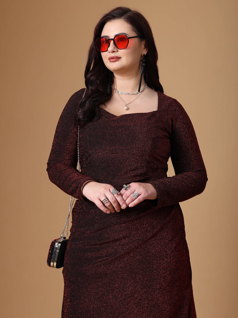 Maroon Pleated Long Sleeve Body Cone Dress