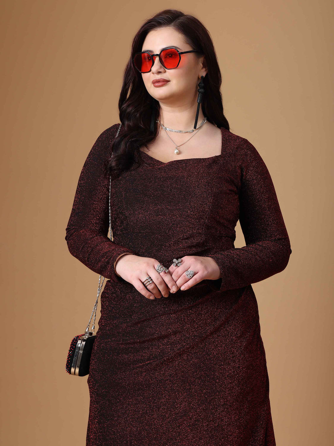 Maroon Pleated Long Sleeve Dress