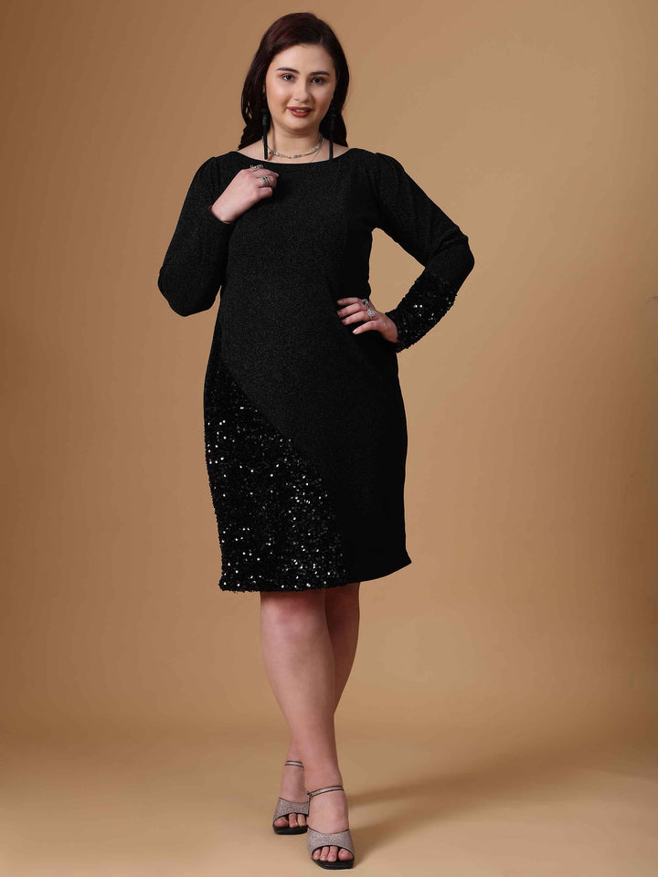 Black Sequin A-Line Straight Party Dress