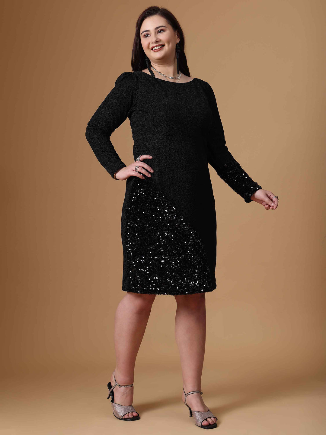 Black Sequin A-Line Straight Party Dress