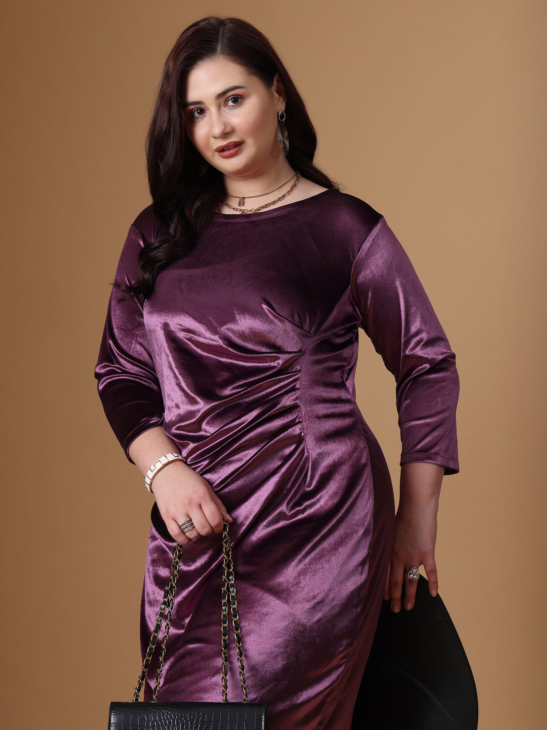 Onion Pink Velvet Round Neck Dress