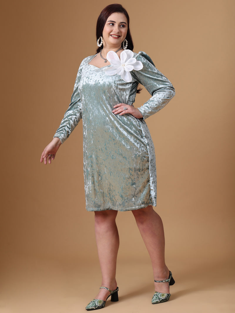 Sea Green Velvet Full Sleeve A Line Dress For Plus Size Party Wear Dress Design