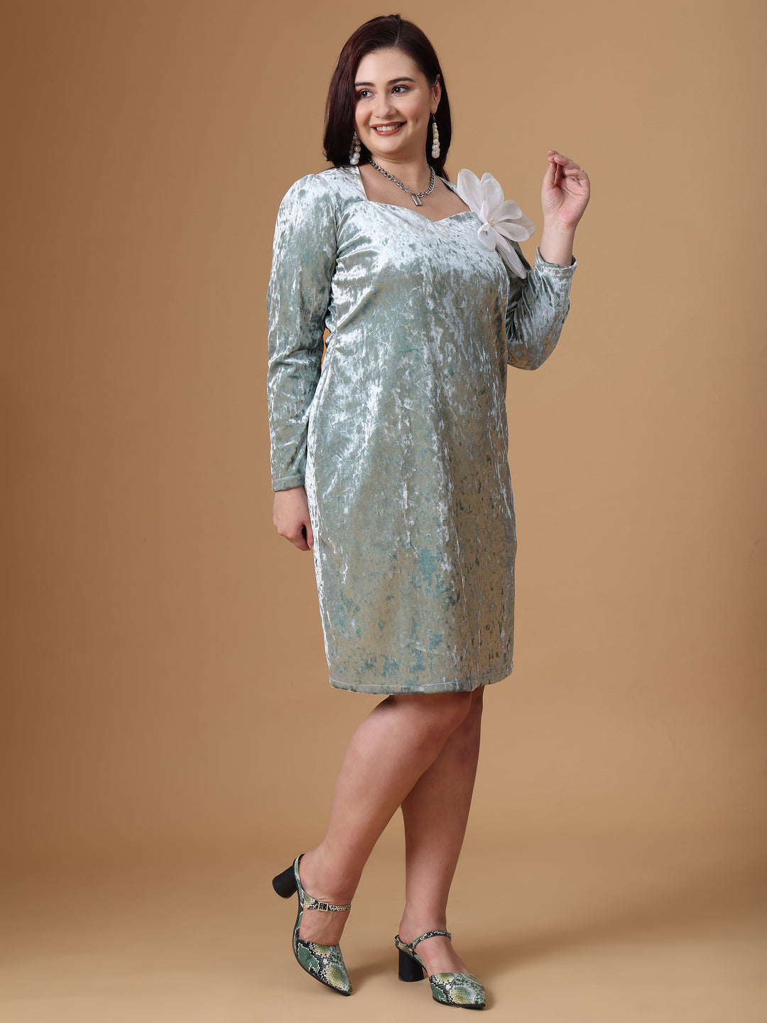 Sea Green Velvet Full Sleeve A-Line Dress