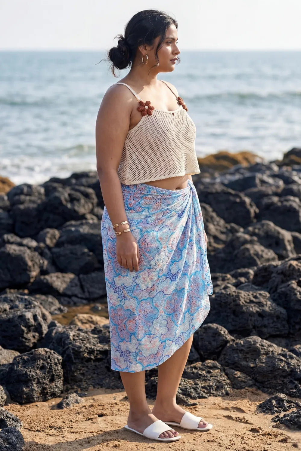 Stunning sky blue bikini scarf with off-white spaghetti crop top