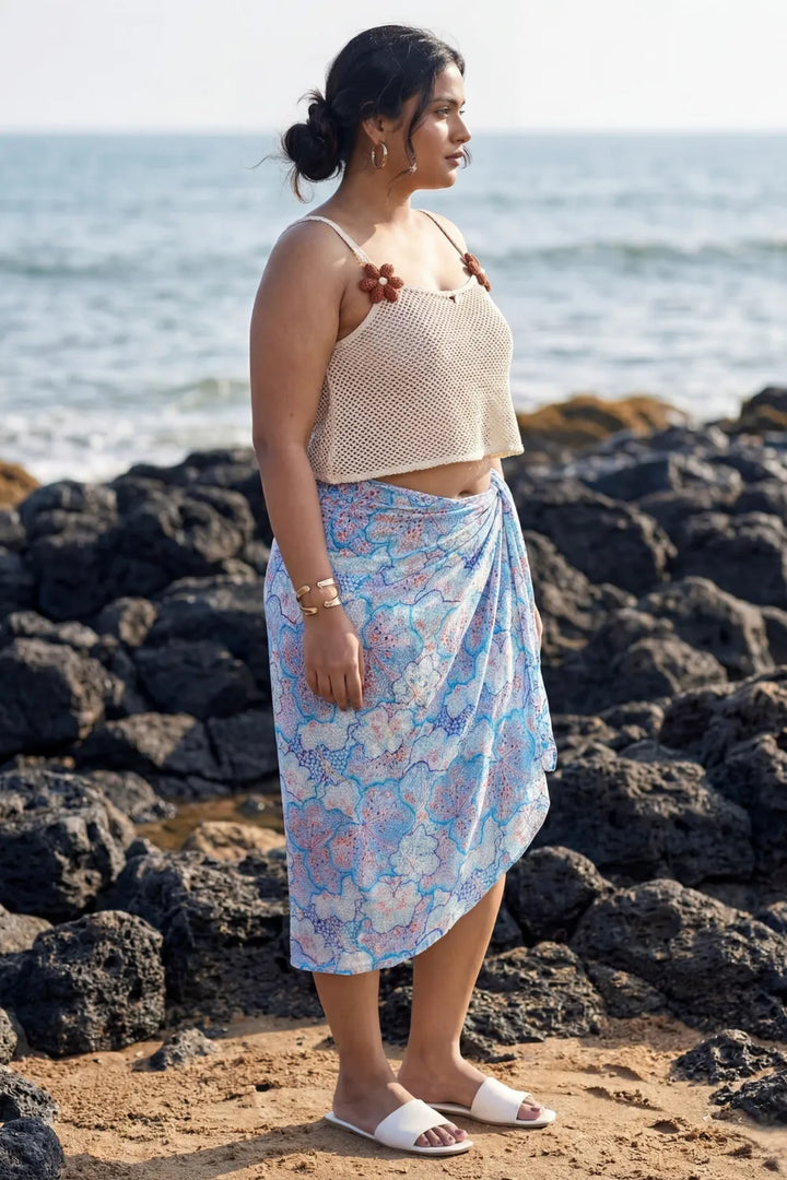 Stunning sky blue bikini scarf with off-white spaghetti crop top