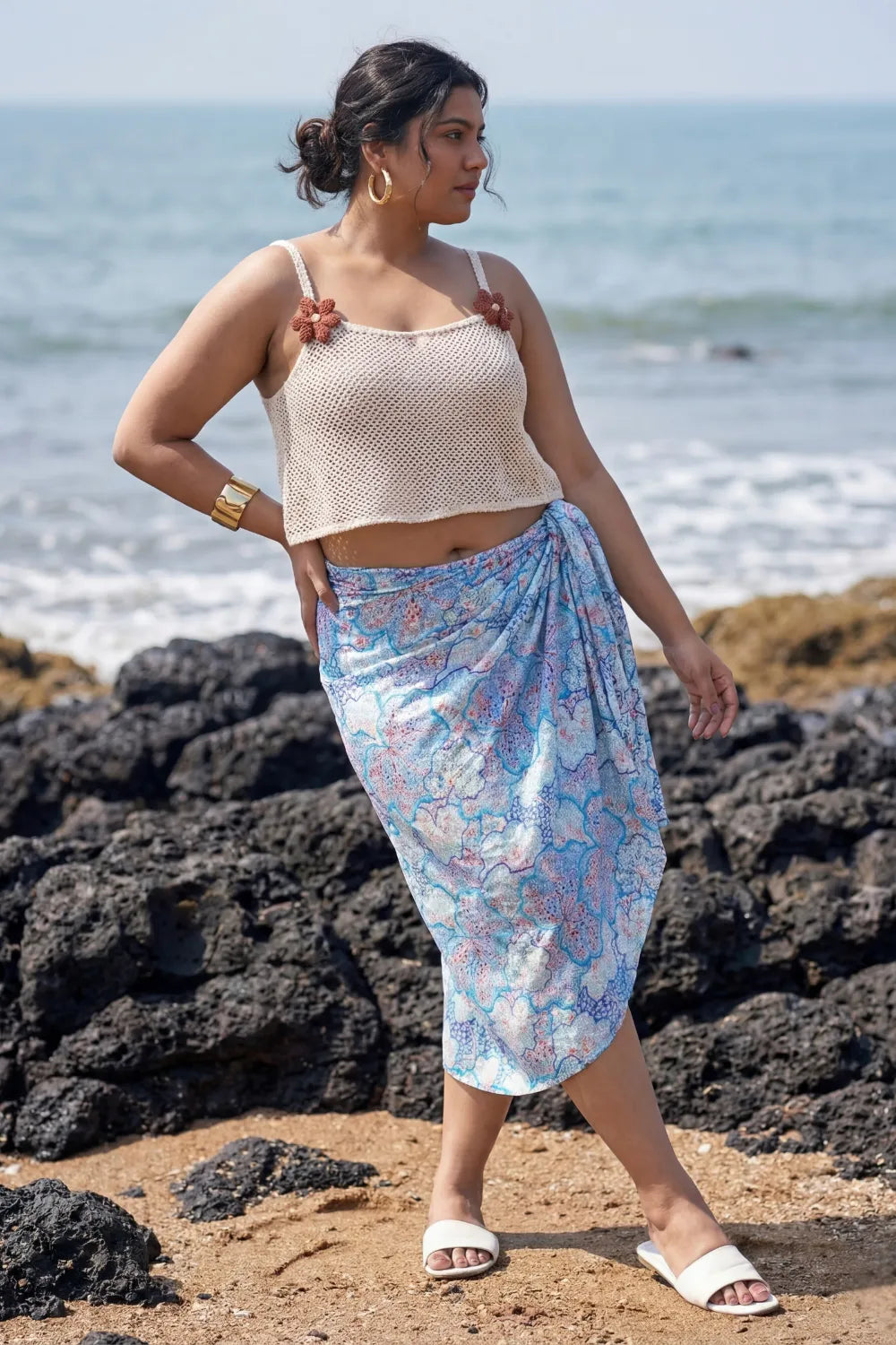 Stunning sky blue bikini scarf with off-white spaghetti crop top