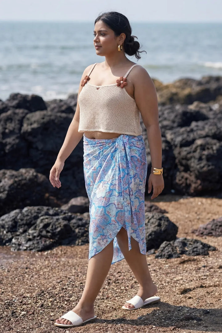 Stunning sky blue bikini scarf with off-white spaghetti crop top