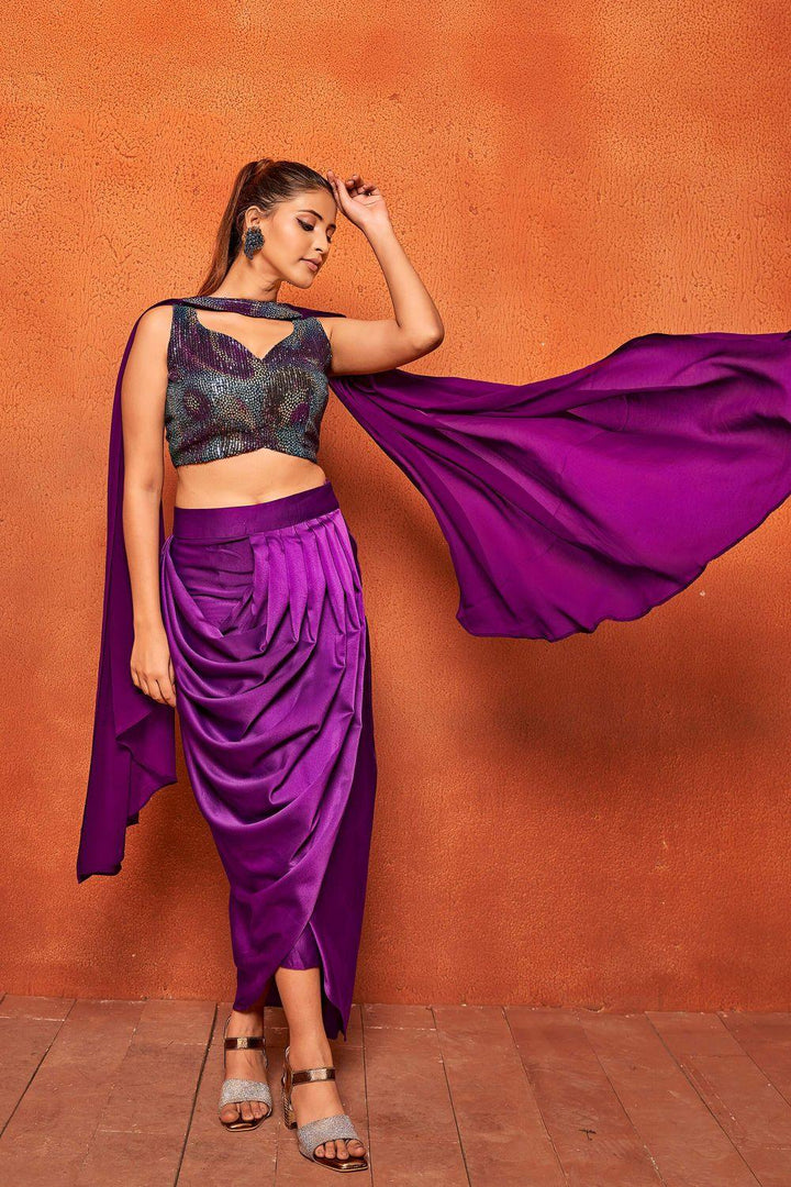 Purple Geometric Print Dhoti Skirt Crop Top Dupatta Co-ord Set - Curvy Lane