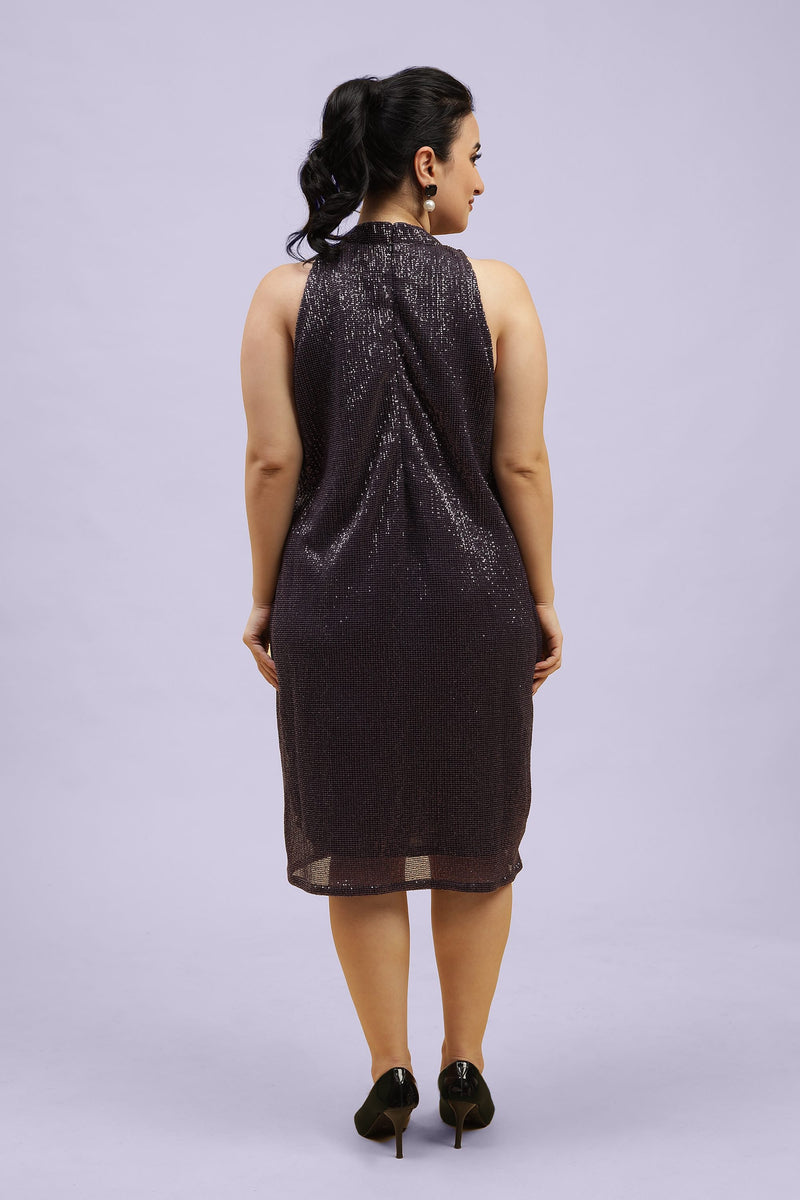 High Neck Embellished Sequined A-line Midi Dress With Back Side Look